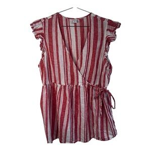 Old Navy Maternity Linen Cotton Faux Wrap Top | Red Stripe | Boho Cottagecore XL